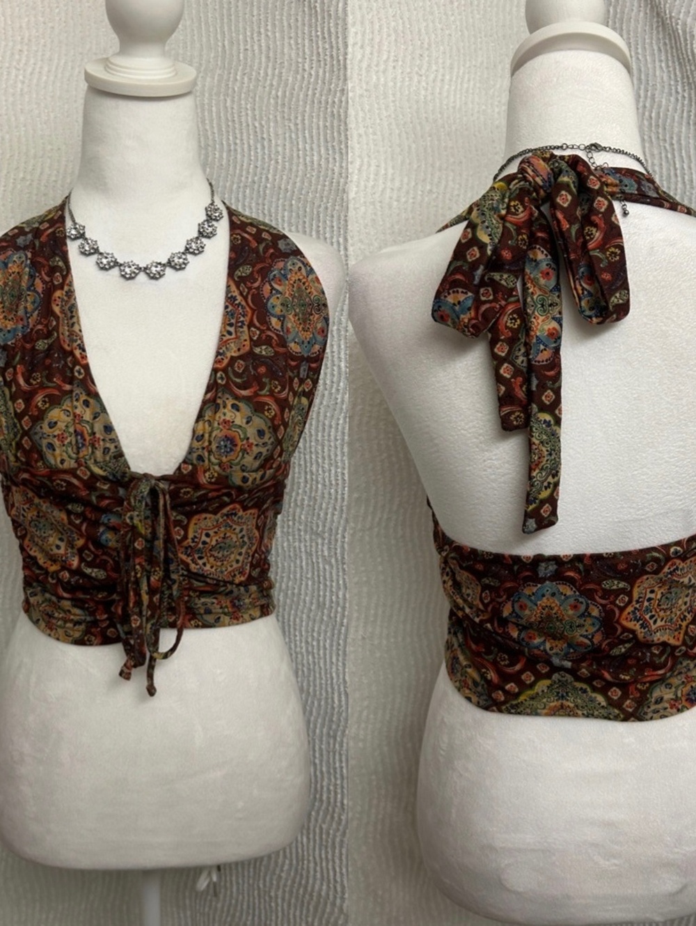 2 Piece Size Small Boho Tops Green Floral Bow Tank Brown Paisley Halter Y2K 70s - Picture 4 of 7